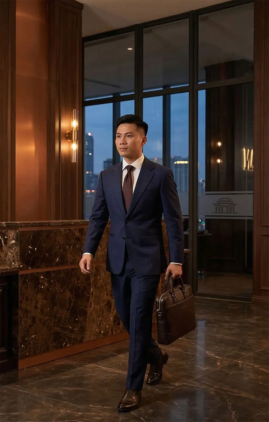 Bộ vest xanh navy có phom dáng cân đối dành cho quản lý doanh nghiệp
